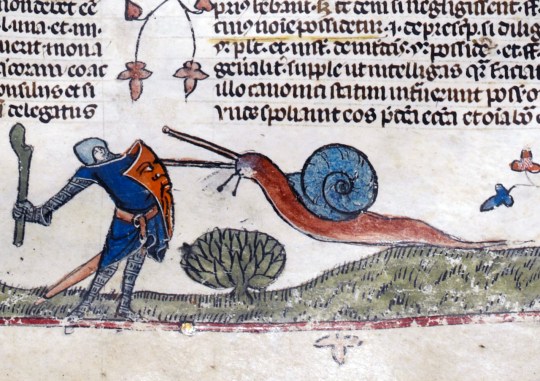 Snail vs. Knight, from The Smithsfield Decretals, decretals of Gregory IX, Tolouse, c. 1300. Illuminations were added about forty years later in London.