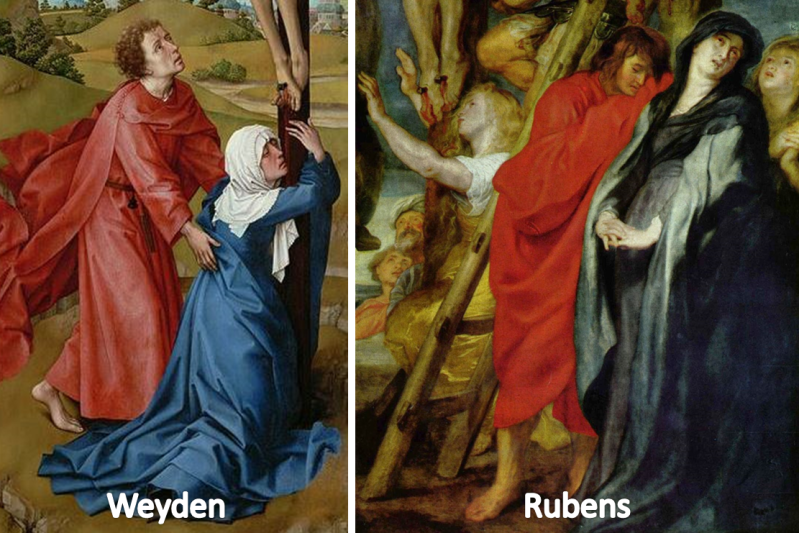 Two fragments from Weyden's and Rubens' Crucifixions
